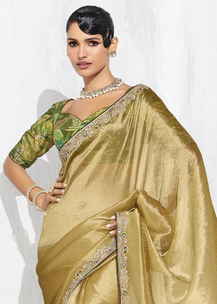 Acid Green Tissue Saree with Intricate Embroidery & Designer Blouse