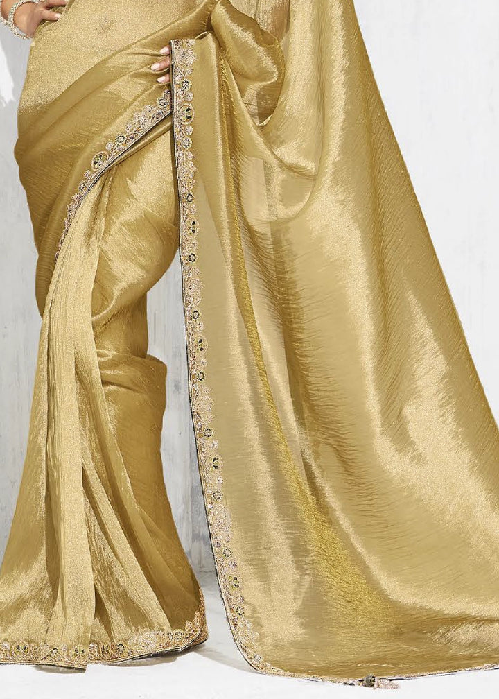 Acid Green Tissue Saree with Intricate Embroidery & Designer Blouse