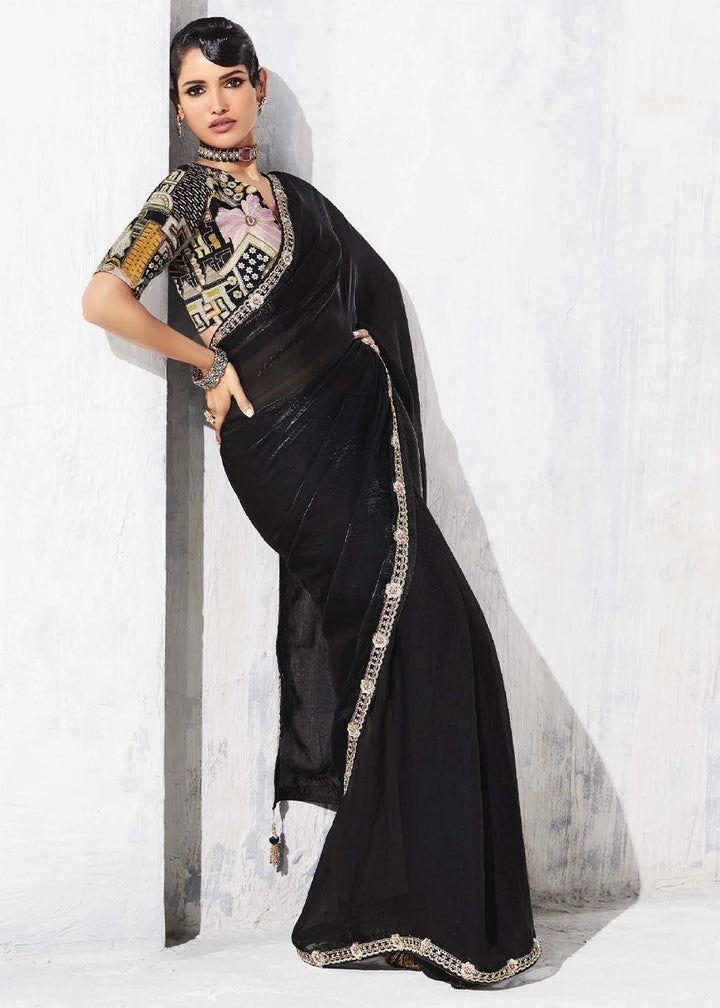 Pebble Black Tissue Saree with Intricate Embroidery & Designer Blouse