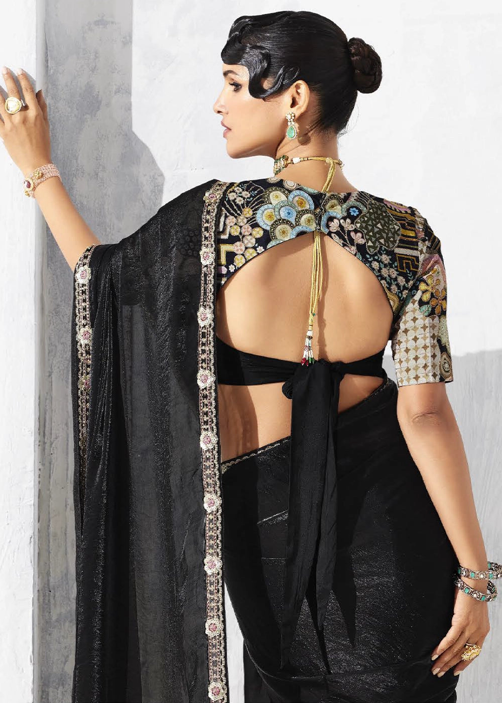 Pebble Black Tissue Saree with Intricate Embroidery & Designer Blouse