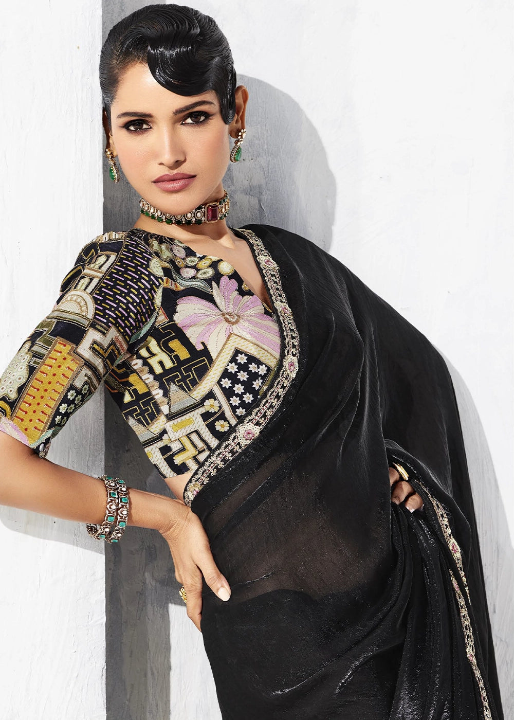 Pebble Black Tissue Saree with Intricate Embroidery & Designer Blouse