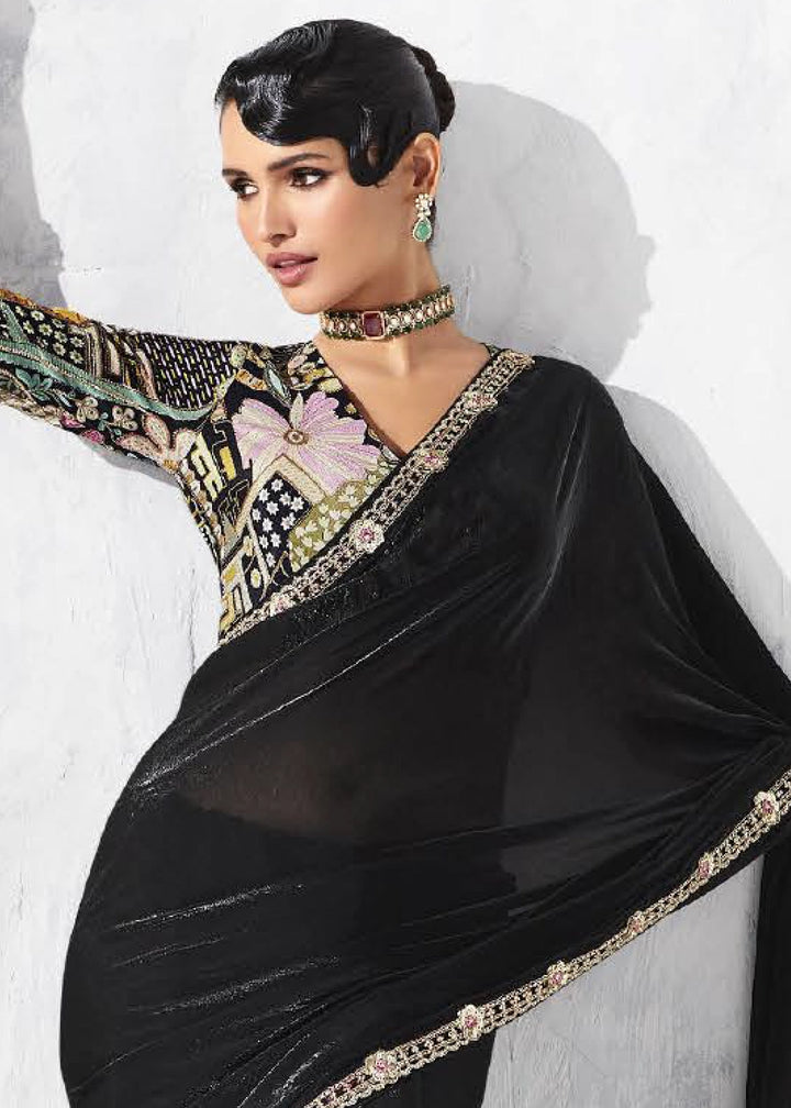 Pebble Black Tissue Saree with Intricate Embroidery & Designer Blouse