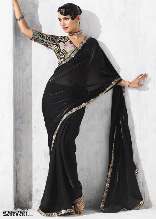 Pebble Black Tissue Saree with Intricate Embroidery & Designer Blouse