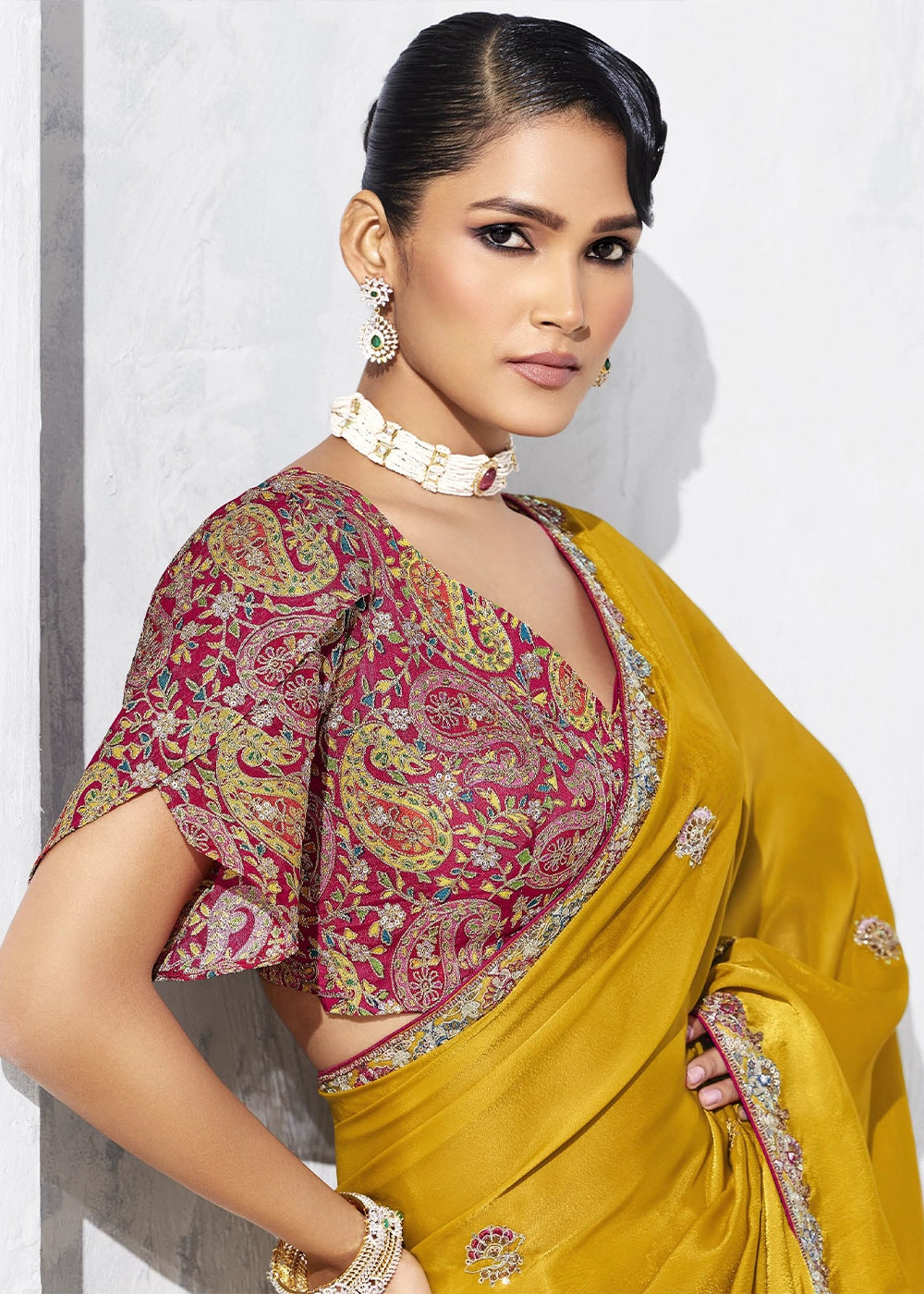 Canary Yellow Tissue Saree with Intricate Embroidery & Designer Blouse