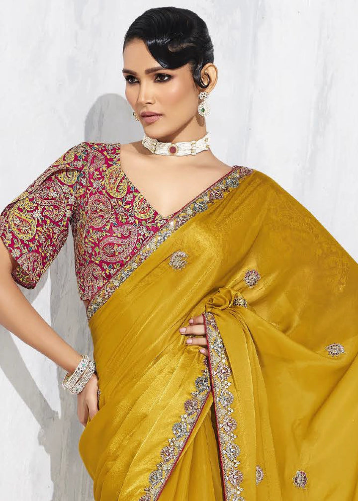 Canary Yellow Tissue Saree with Intricate Embroidery & Designer Blouse