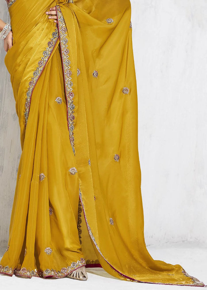 Canary Yellow Tissue Saree with Intricate Embroidery & Designer Blouse