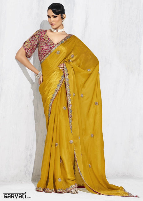 Canary Yellow Tissue Saree with Intricate Embroidery & Designer Blouse