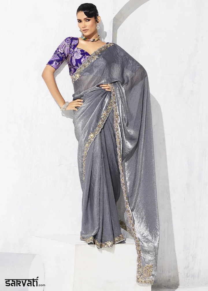 Pewter Grey Tissue Saree with Intricate Embroidery & Designer Blouse