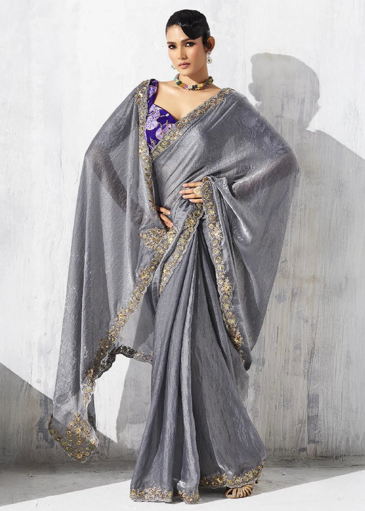 Pewter Grey Tissue Saree with Intricate Embroidery & Designer Blouse