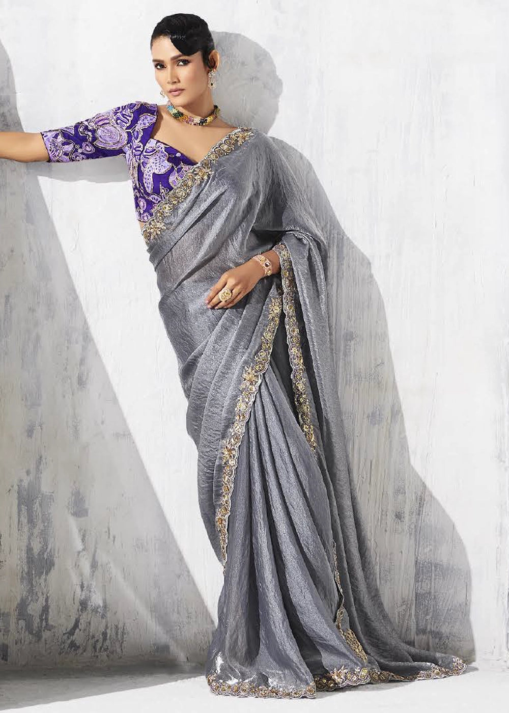Pewter Grey Tissue Saree with Intricate Embroidery & Designer Blouse