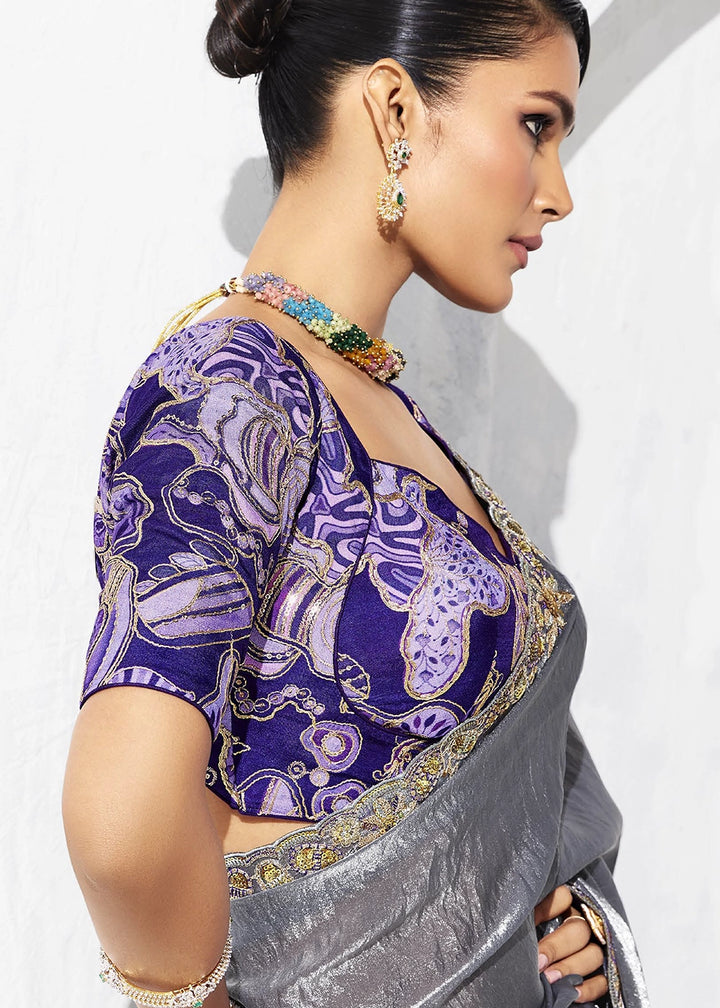 Pewter Grey Tissue Saree with Intricate Embroidery & Designer Blouse