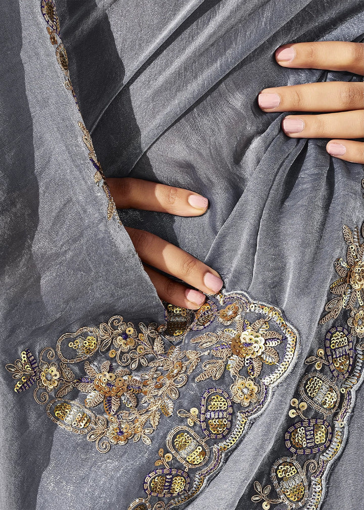 Pewter Grey Tissue Saree with Intricate Embroidery & Designer Blouse