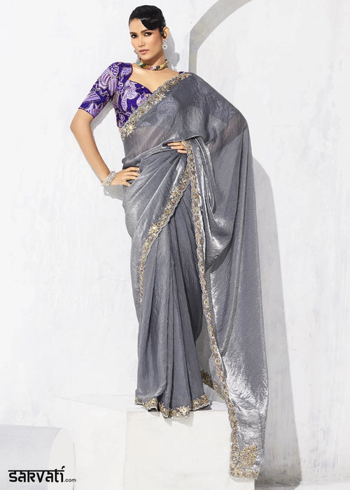 Pewter Grey Tissue Saree with Intricate Embroidery & Designer Blouse