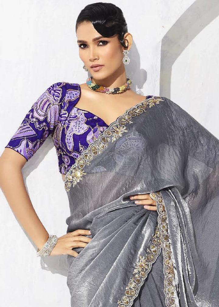Pewter Grey Tissue Saree with Intricate Embroidery & Designer Blouse
