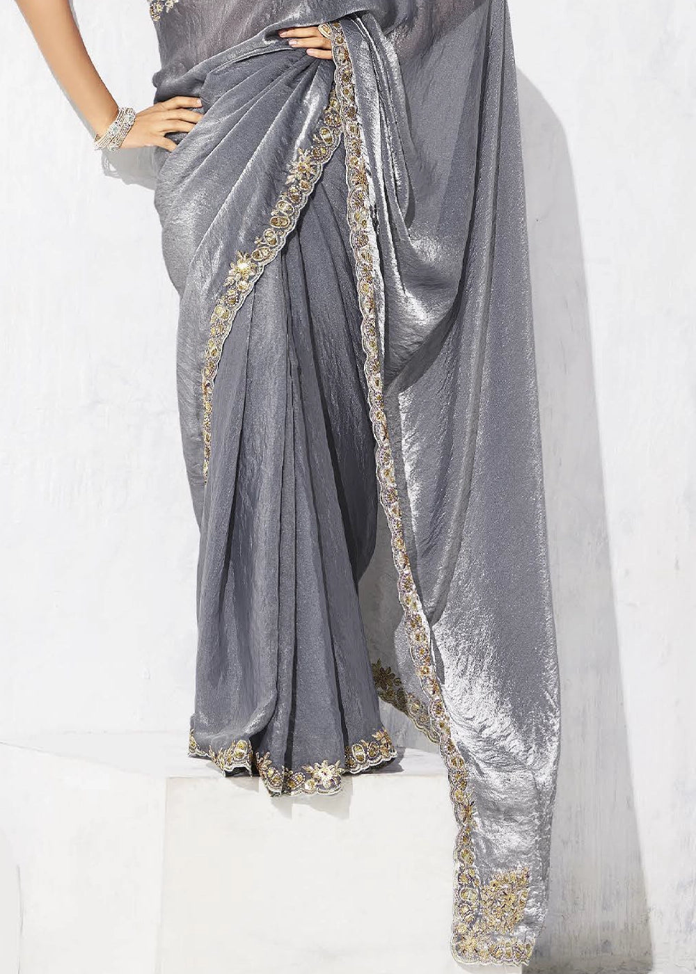 Pewter Grey Tissue Saree with Intricate Embroidery & Designer Blouse