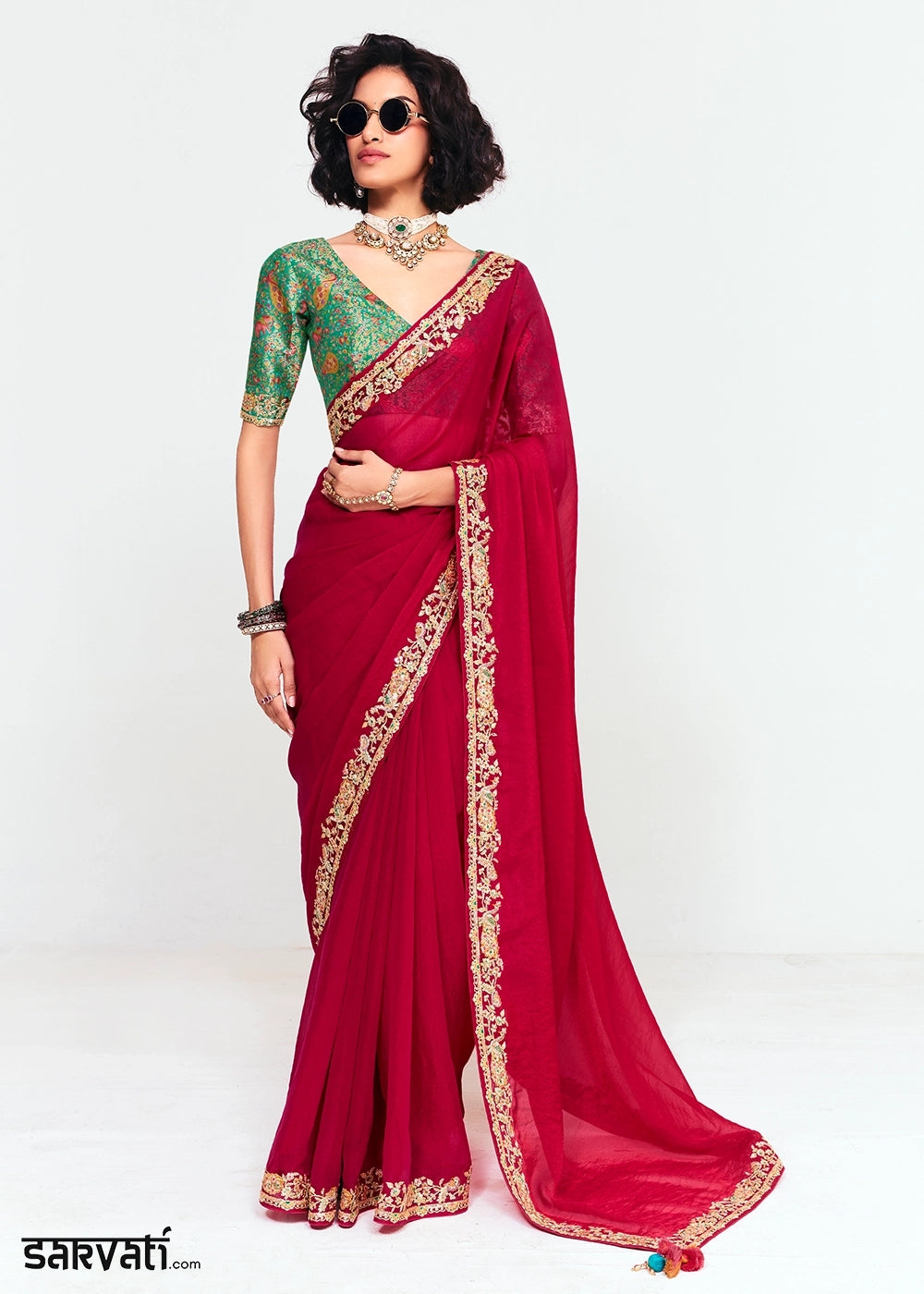 Scarlet Red Embellished Tissue Saree with Sequins and Thread Work