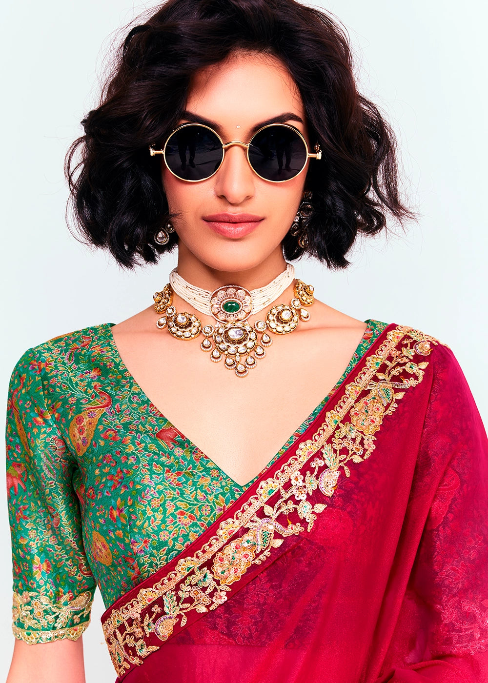 Scarlet Red Embellished Tissue Saree with Sequins and Thread Work