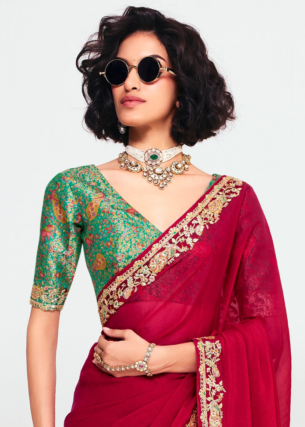 Scarlet Red Embellished Tissue Saree with Sequins and Thread Work
