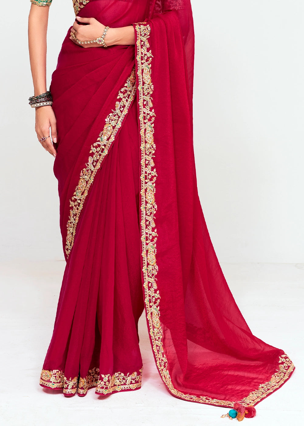 Scarlet Red Embellished Tissue Saree with Sequins and Thread Work