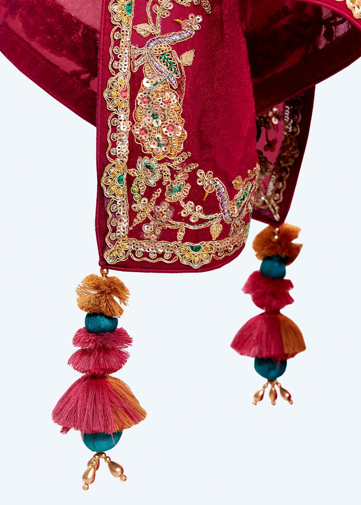 Scarlet Red Embellished Tissue Saree with Sequins and Thread Work