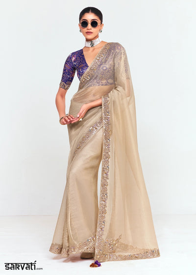 Beige Brown Embellished Tissue Saree with Sequins and Thread Work