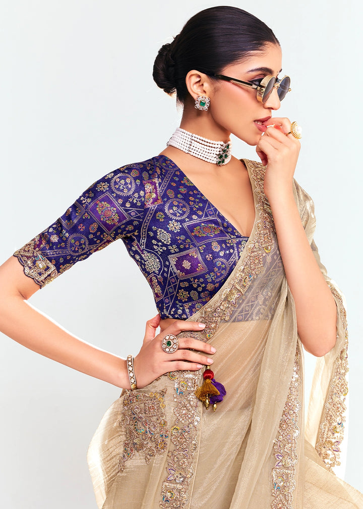 Beige Brown Embellished Tissue Saree with Sequins and Thread Work