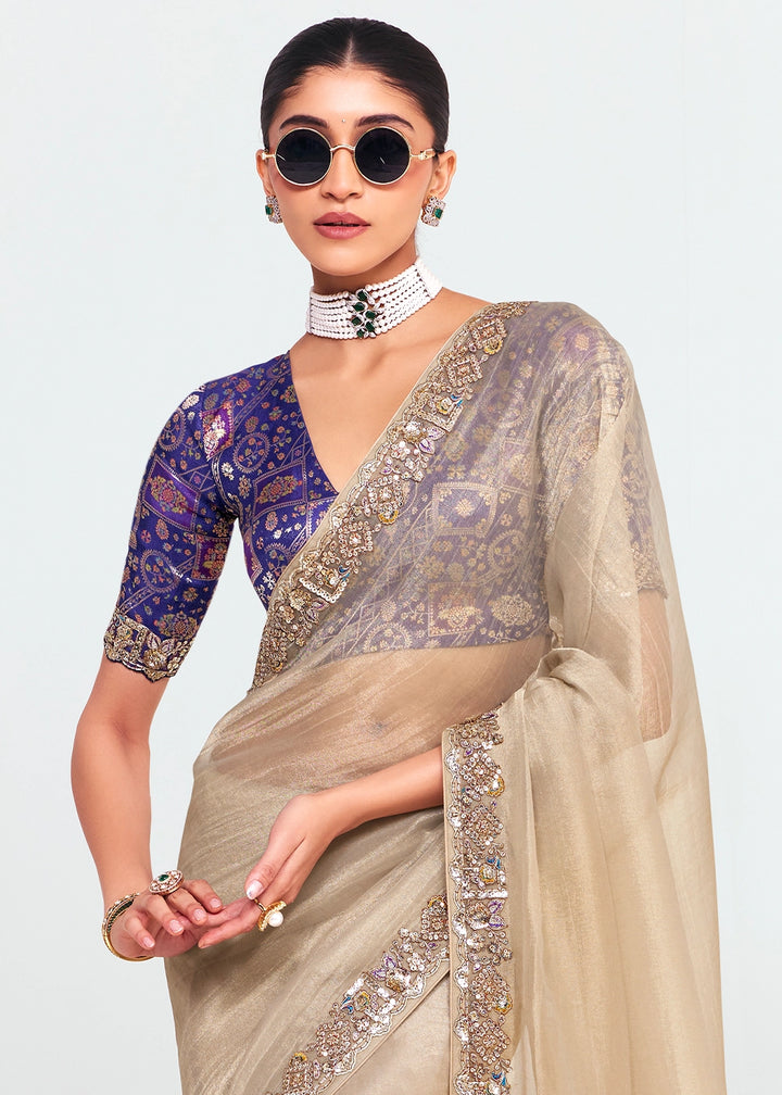 Beige Brown Embellished Tissue Saree with Sequins and Thread Work