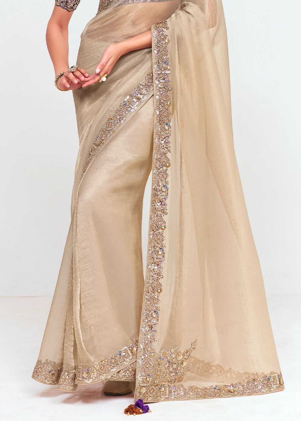 Beige Brown Embellished Tissue Saree with Sequins and Thread Work