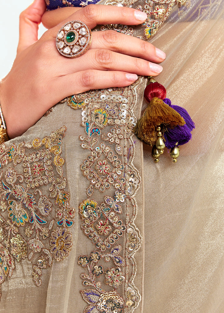Beige Brown Embellished Tissue Saree with Sequins and Thread Work