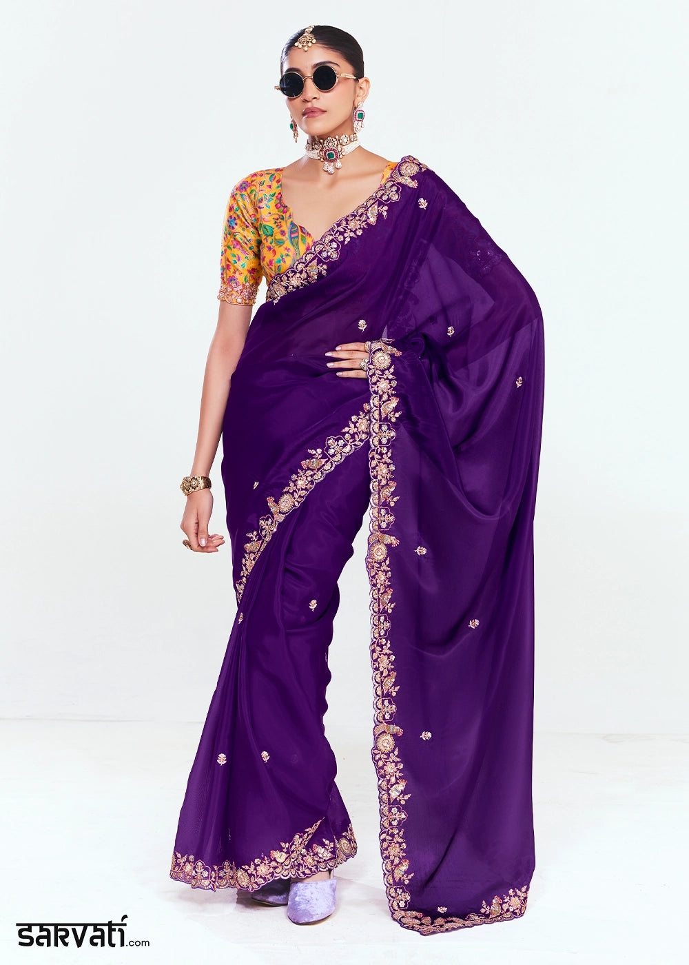 Plum Purple Embellished Tissue Saree with Sequins and Thread Work