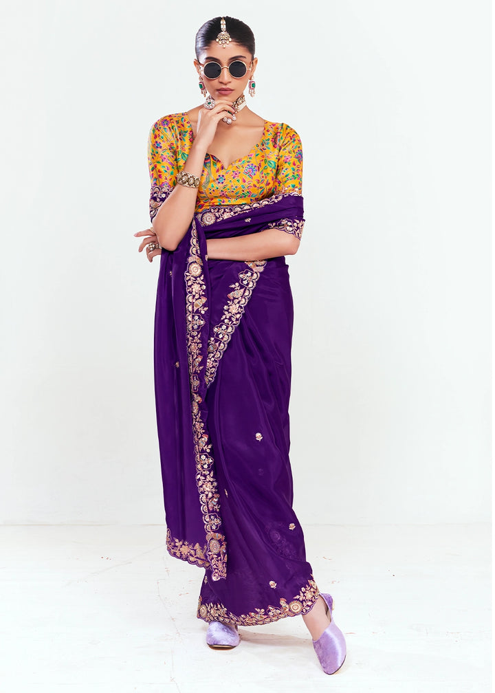 Plum Purple Embellished Tissue Saree with Sequins and Thread Work