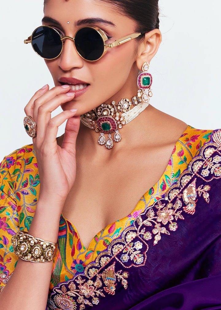 Plum Purple Embellished Tissue Saree with Sequins and Thread Work