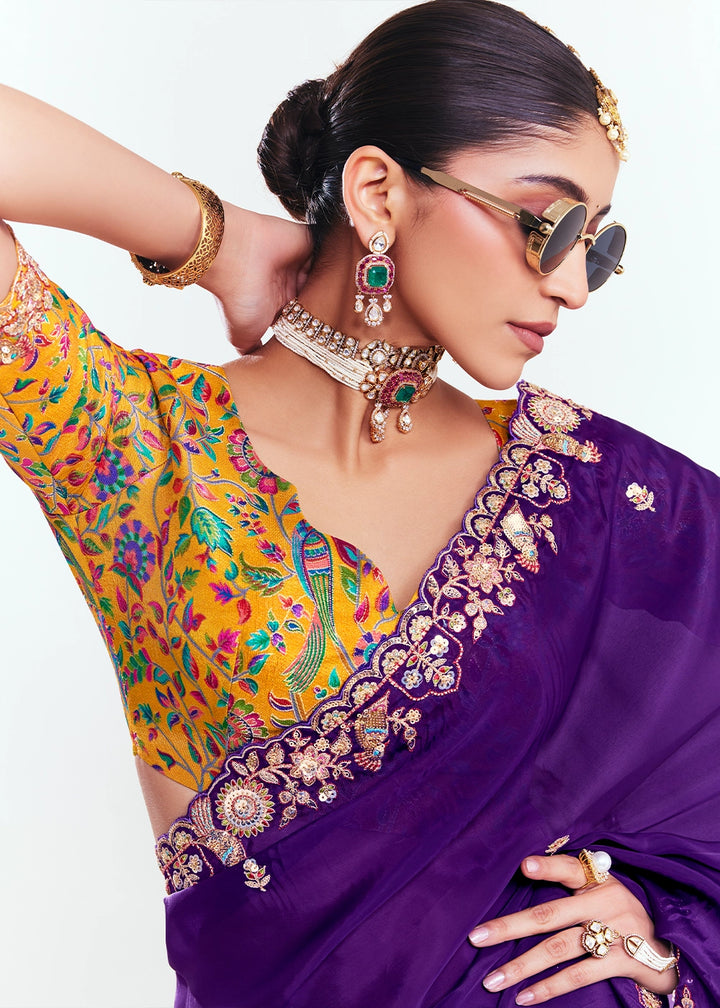 Plum Purple Embellished Tissue Saree with Sequins and Thread Work