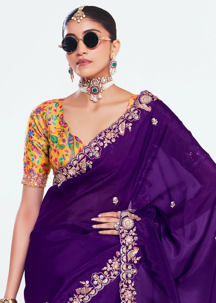 Plum Purple Embellished Tissue Saree with Sequins and Thread Work