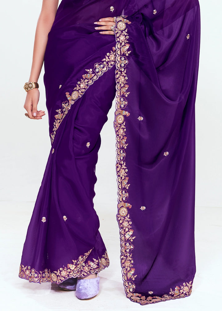 Plum Purple Embellished Tissue Saree with Sequins and Thread Work