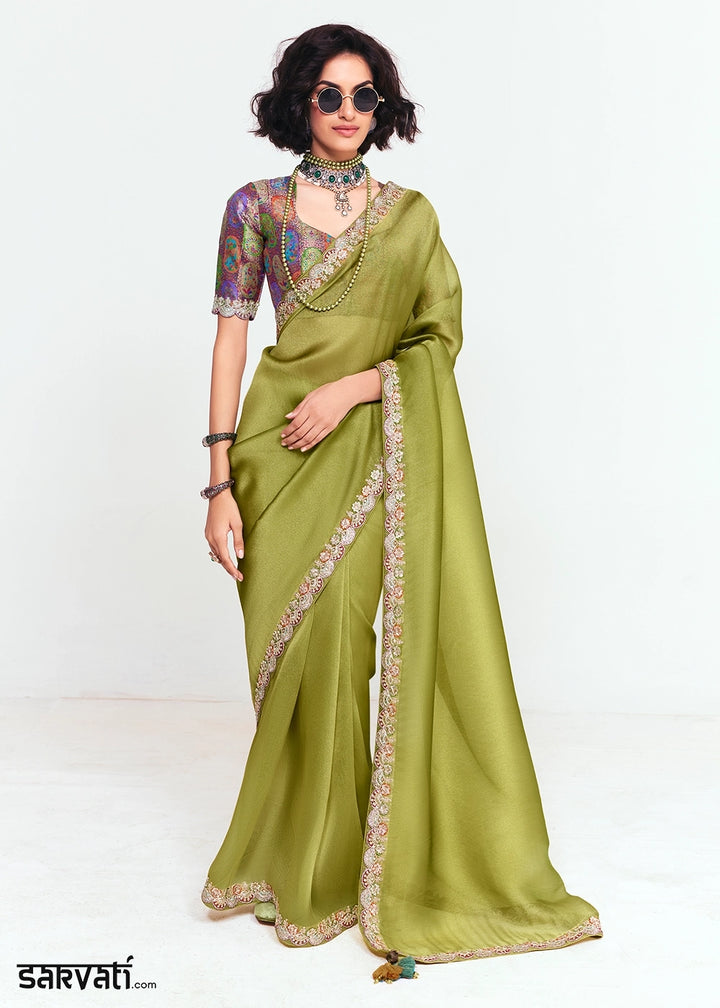 Olive Green Embellished Tissue Saree with Sequins and Thread Work