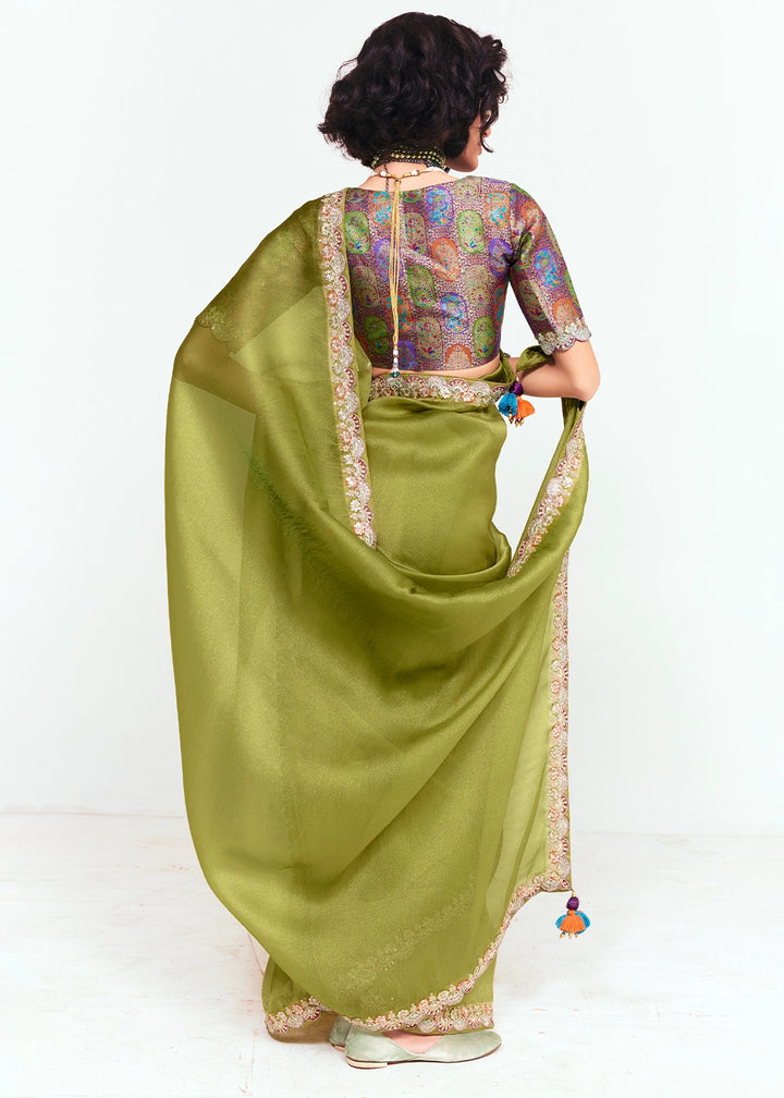 Olive Green Embellished Tissue Saree with Sequins and Thread Work