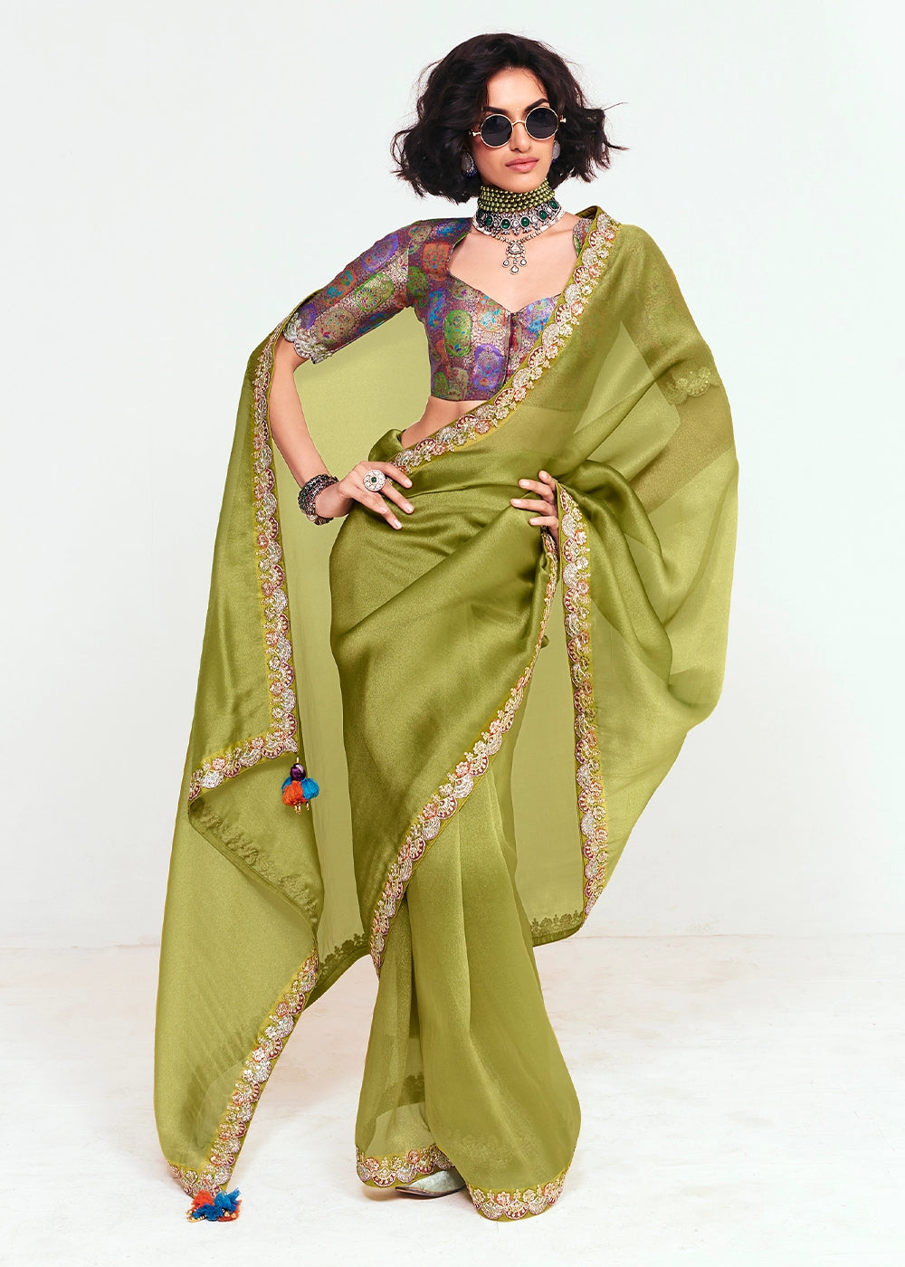 Olive Green Embellished Tissue Saree with Sequins and Thread Work