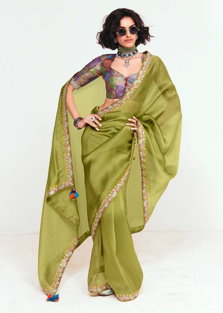 Olive Green Embellished Tissue Saree with Sequins and Thread Work