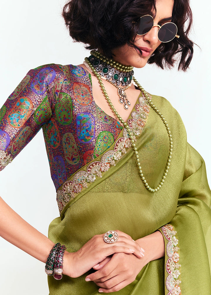Olive Green Embellished Tissue Saree with Sequins and Thread Work