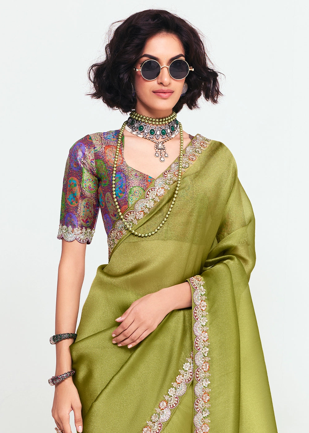 Olive Green Embellished Tissue Saree with Sequins and Thread Work
