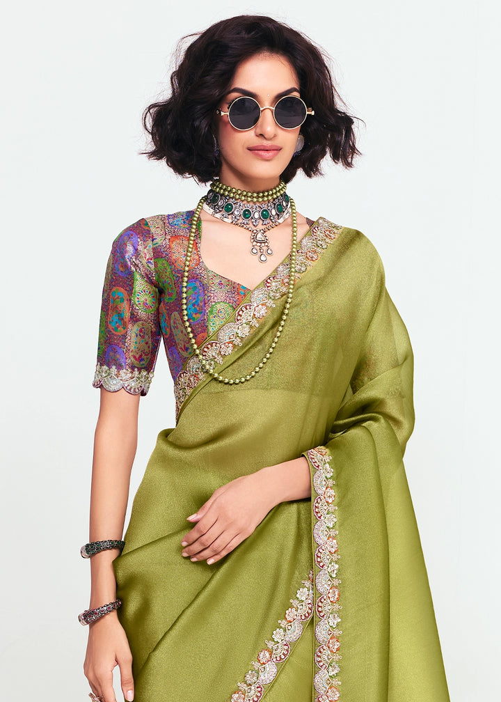 Olive Green Embellished Tissue Saree with Sequins and Thread Work
