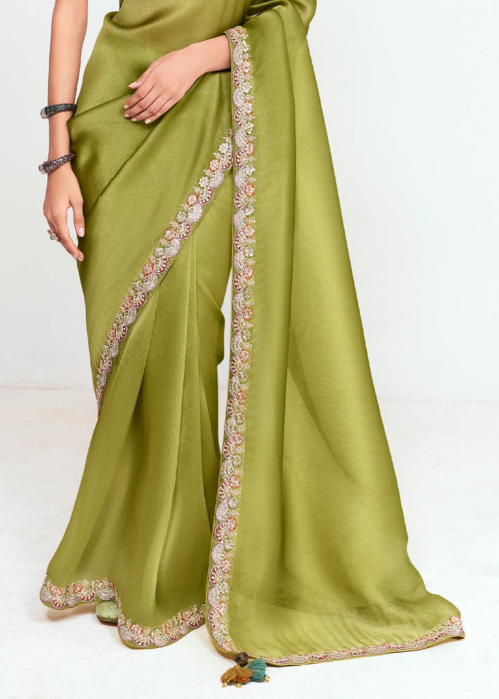 Olive Green Embellished Tissue Saree with Sequins and Thread Work