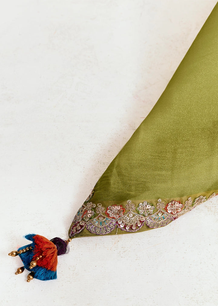 Olive Green Embellished Tissue Saree with Sequins and Thread Work