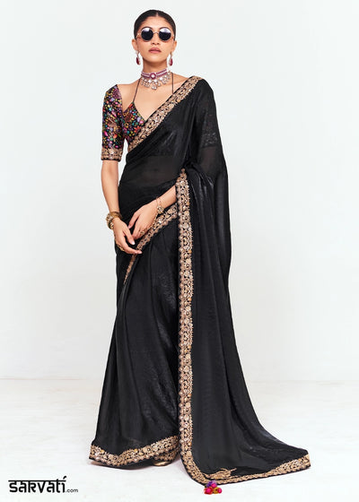 Midnight Black Embellished Tissue Saree with Sequins and Thread Work