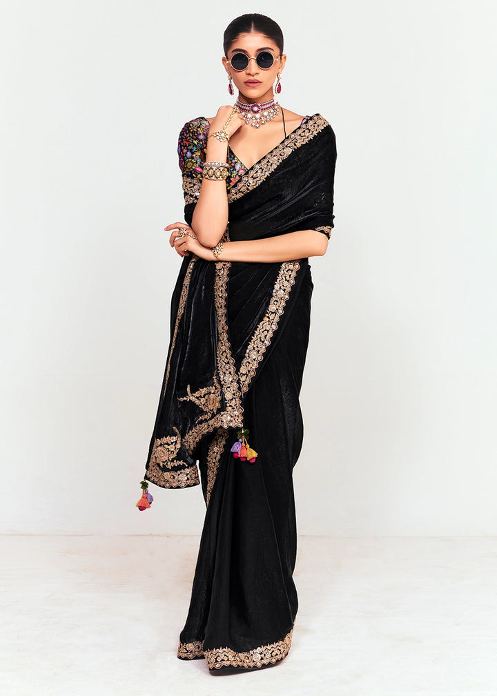 Midnight Black Embellished Tissue Saree with Sequins and Thread Work