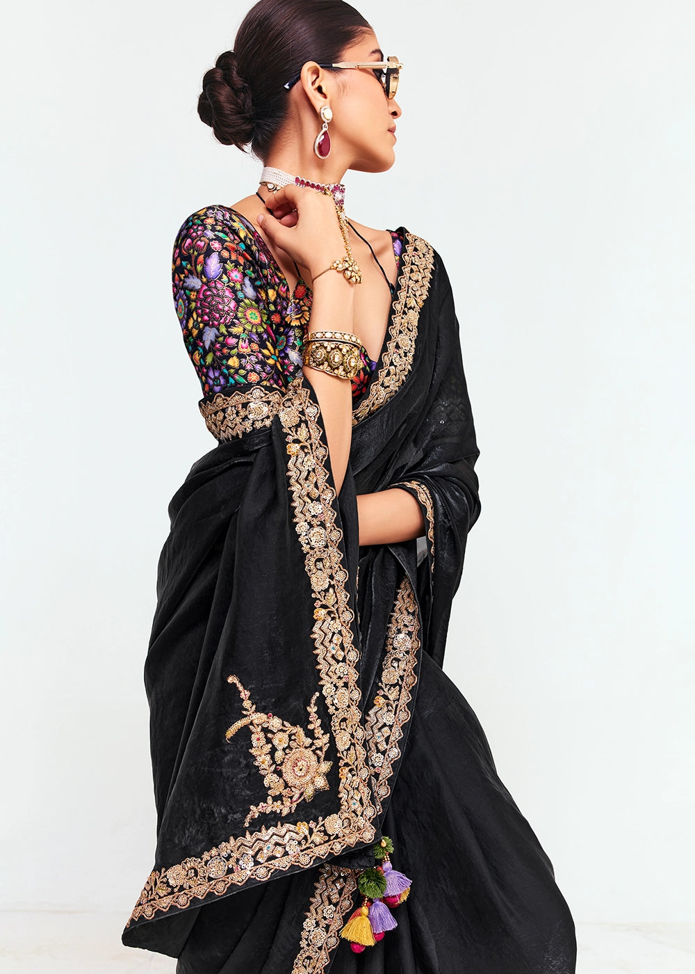 Midnight Black Embellished Tissue Saree with Sequins and Thread Work