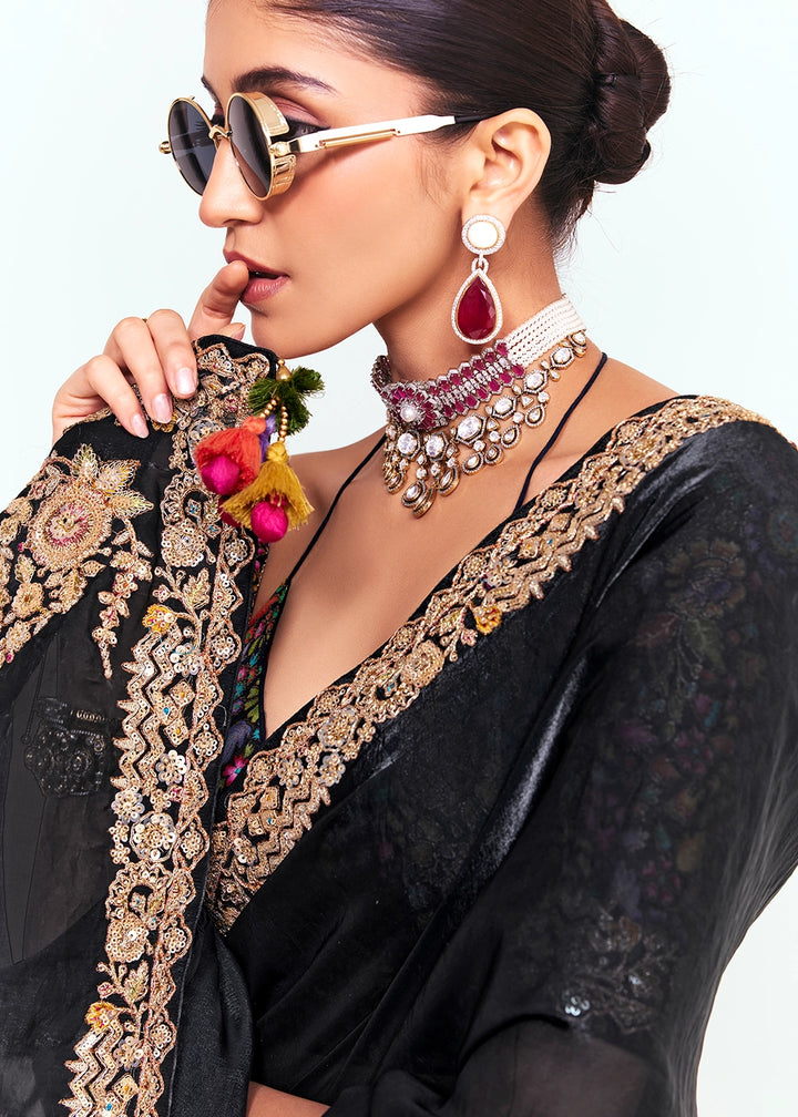 Midnight Black Embellished Tissue Saree with Sequins and Thread Work