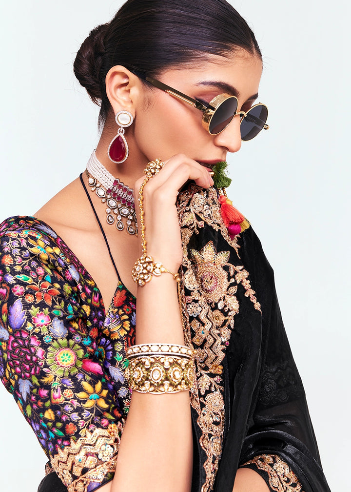Midnight Black Embellished Tissue Saree with Sequins and Thread Work