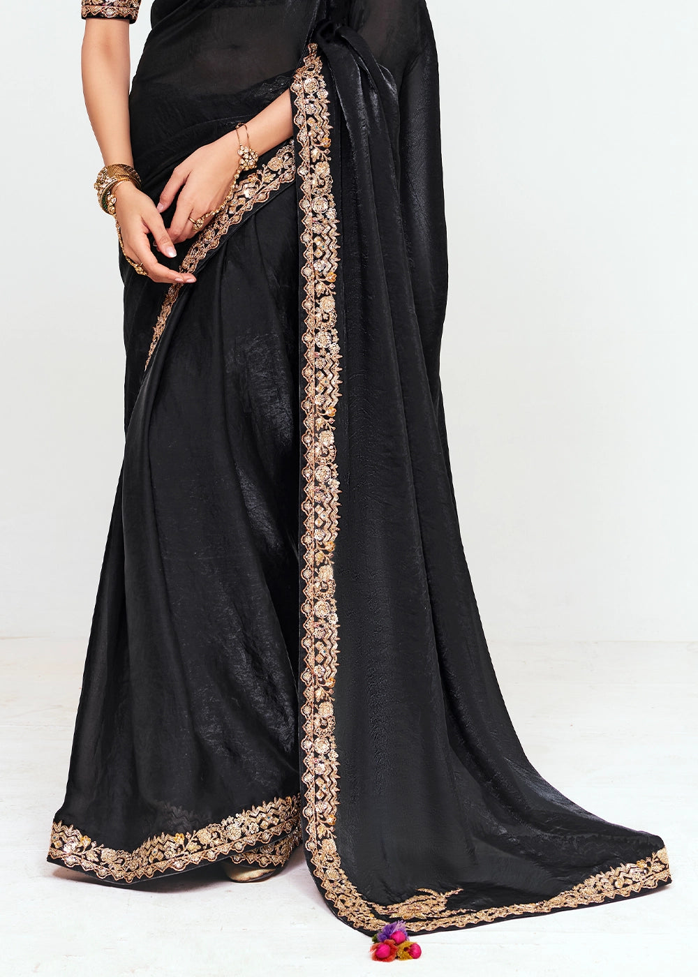 Midnight Black Embellished Tissue Saree with Sequins and Thread Work